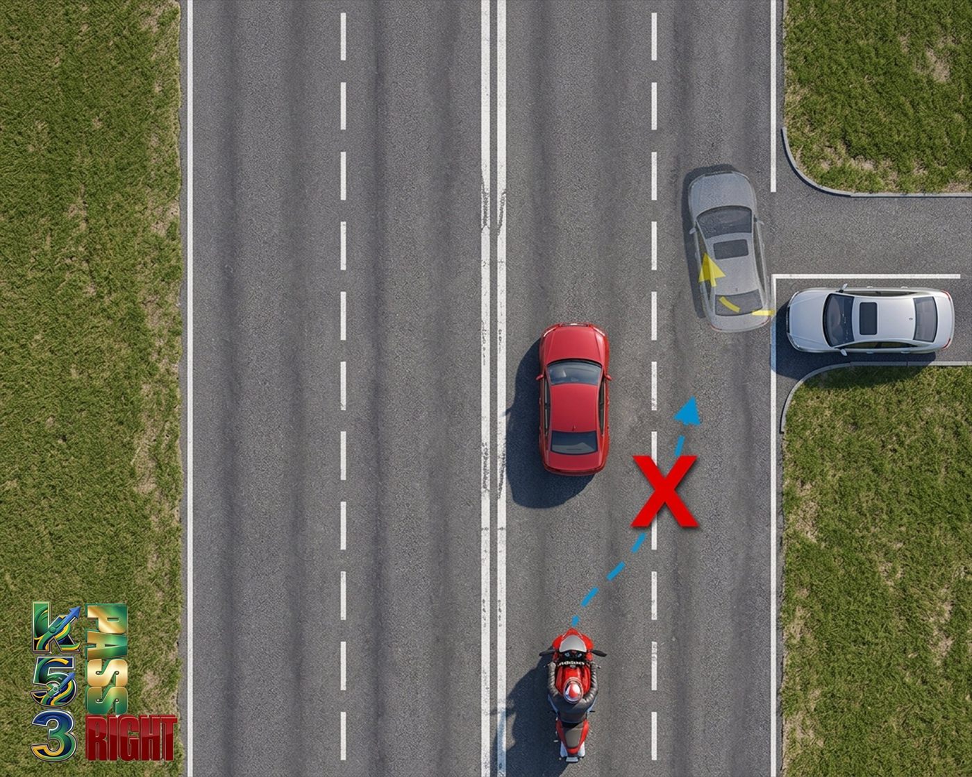 Motorcyclist checking for concealed driveways before overtaking